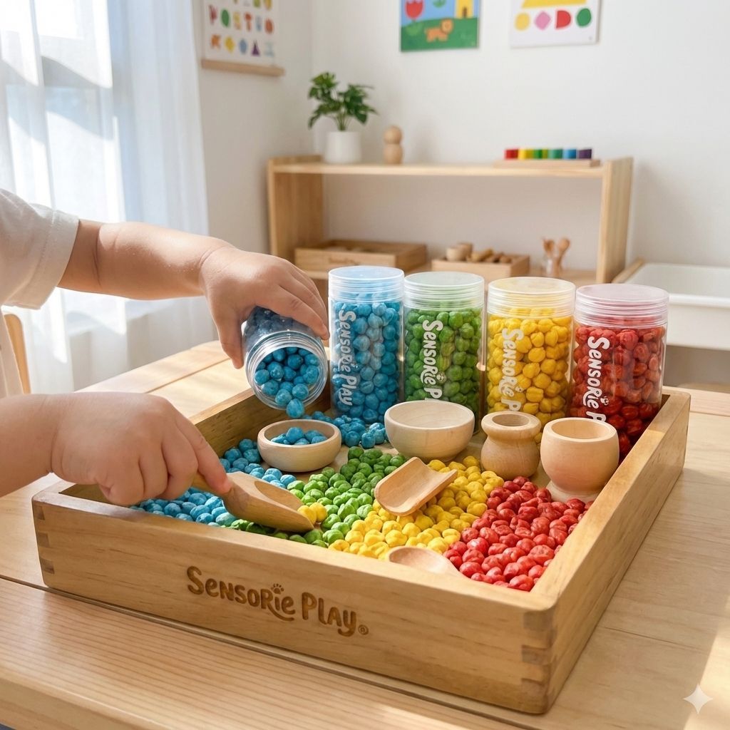 Color sorting sensory play with rainbow chickpeas and wooden tools for fine motor skills