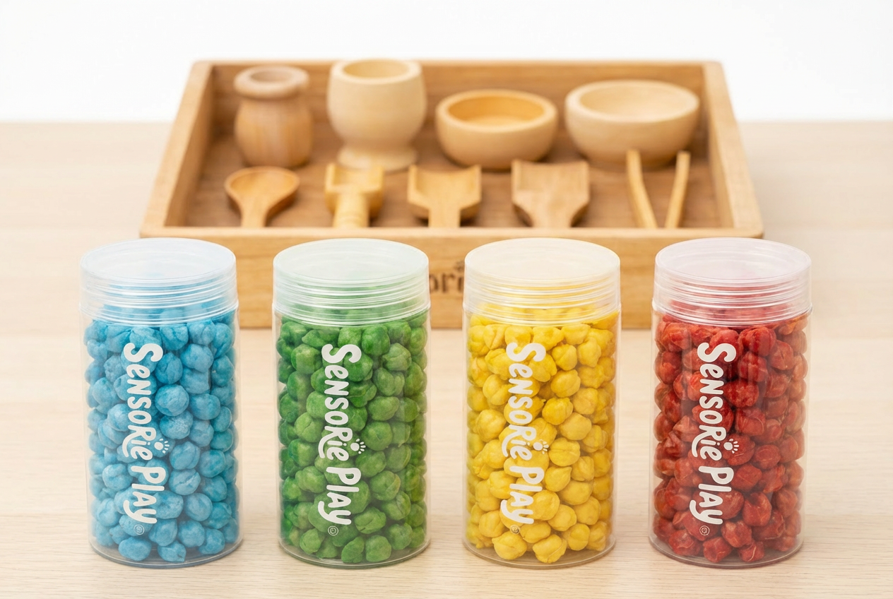 Sensory beads set for kids color sorting and fine motor play with wooden tray