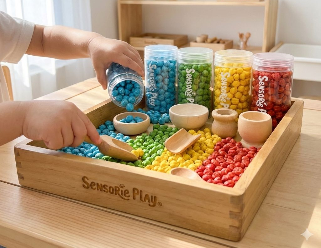 Montessori wooden sensory play tray with tools and bowls for hands-on learning and fine motor development