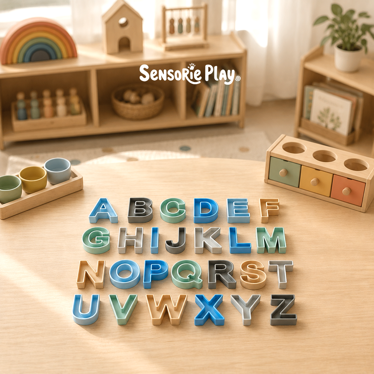 Wooden sensory play shelf with alphabet letters, puzzles, and toys in a bright classroom corner