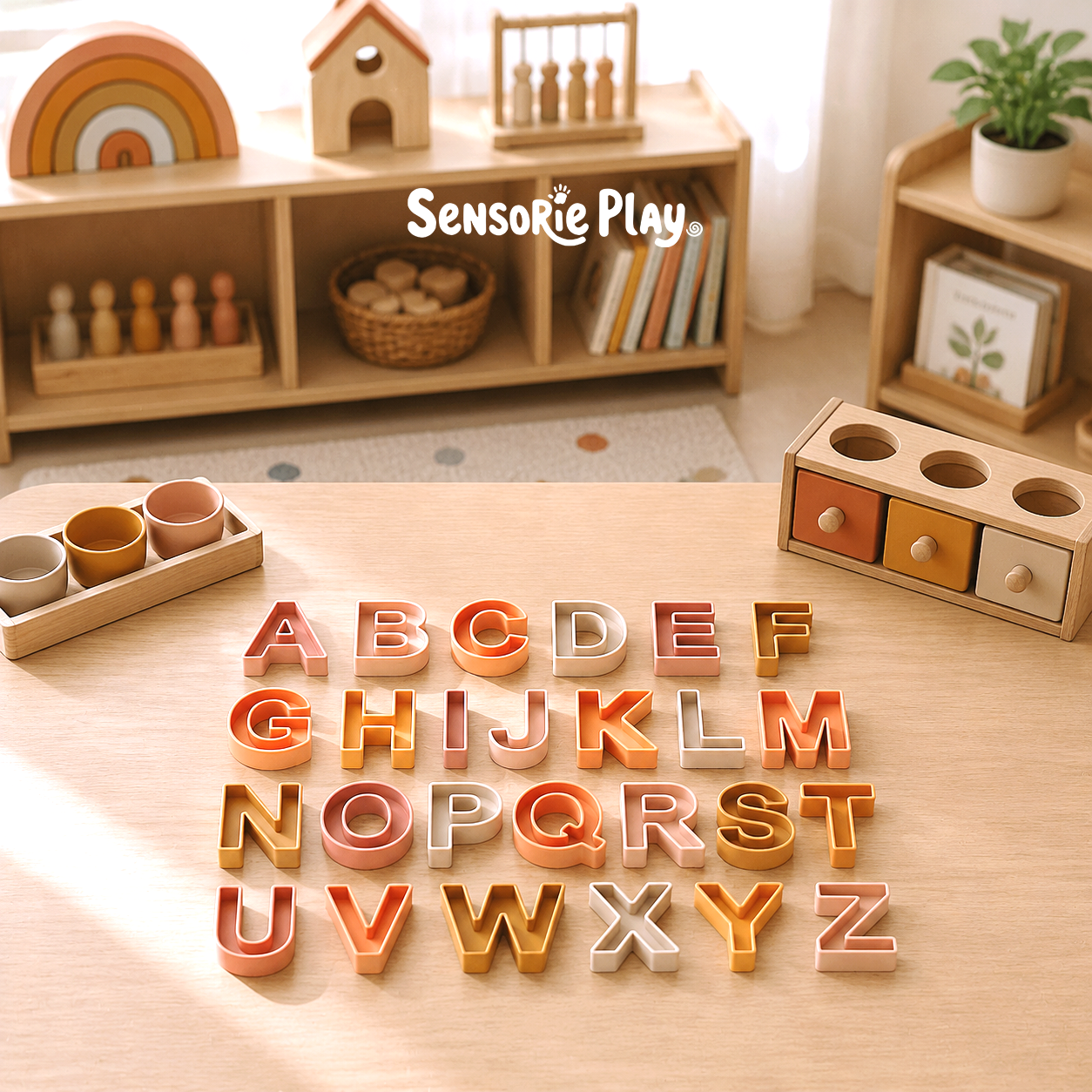 Wooden sensory play shelf with alphabet letters, puzzles, and toys in a bright classroom corner