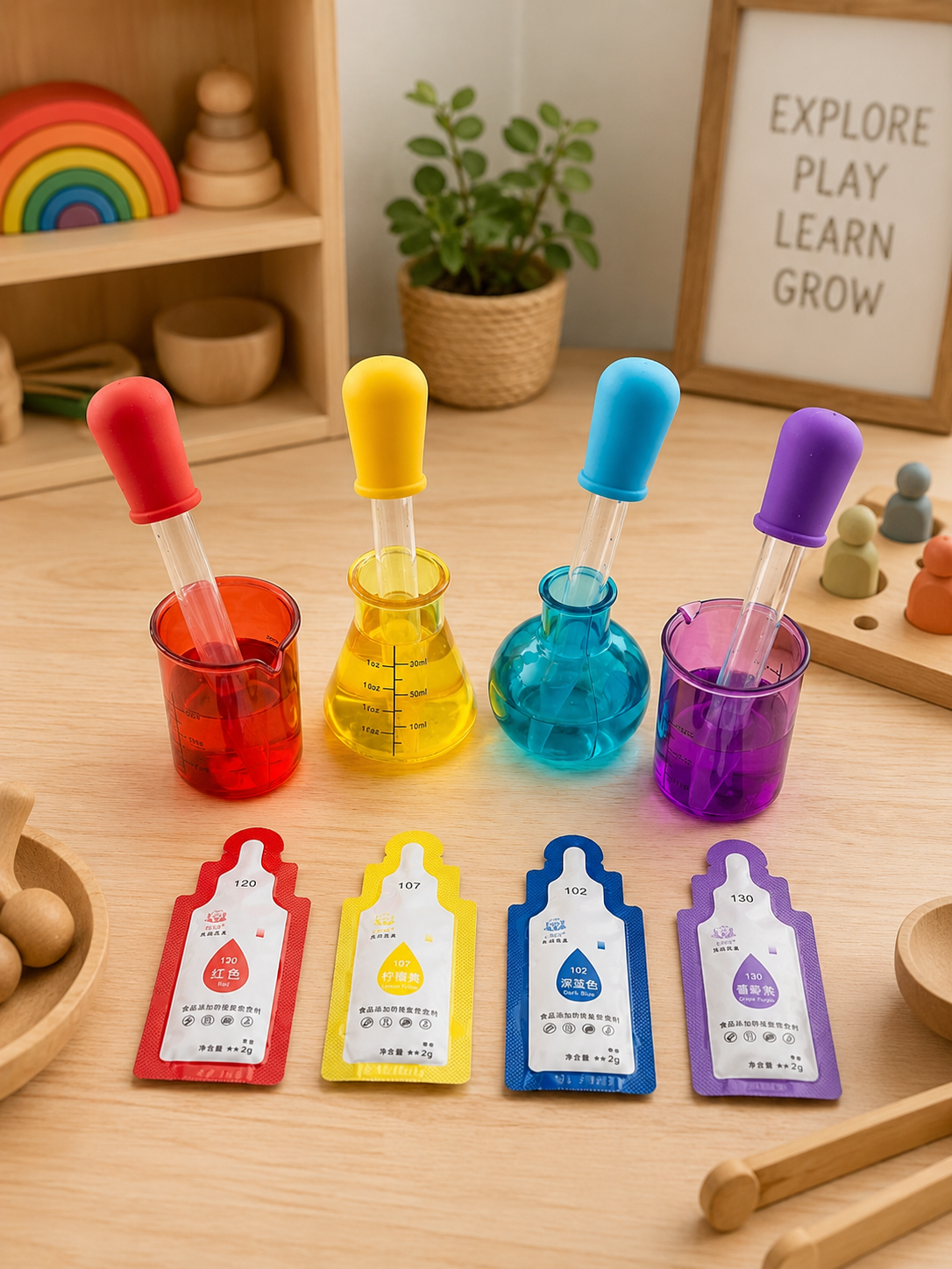 Colorful plastic laboratory beakers and droppers from Sensorie Play on a wooden table in a brightly lit room.