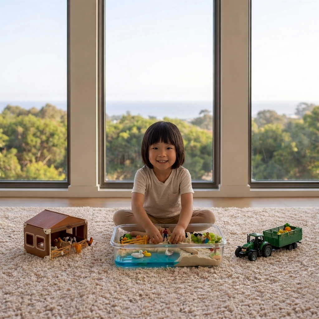 Child playing sensory bin at home for creative play and learning through play