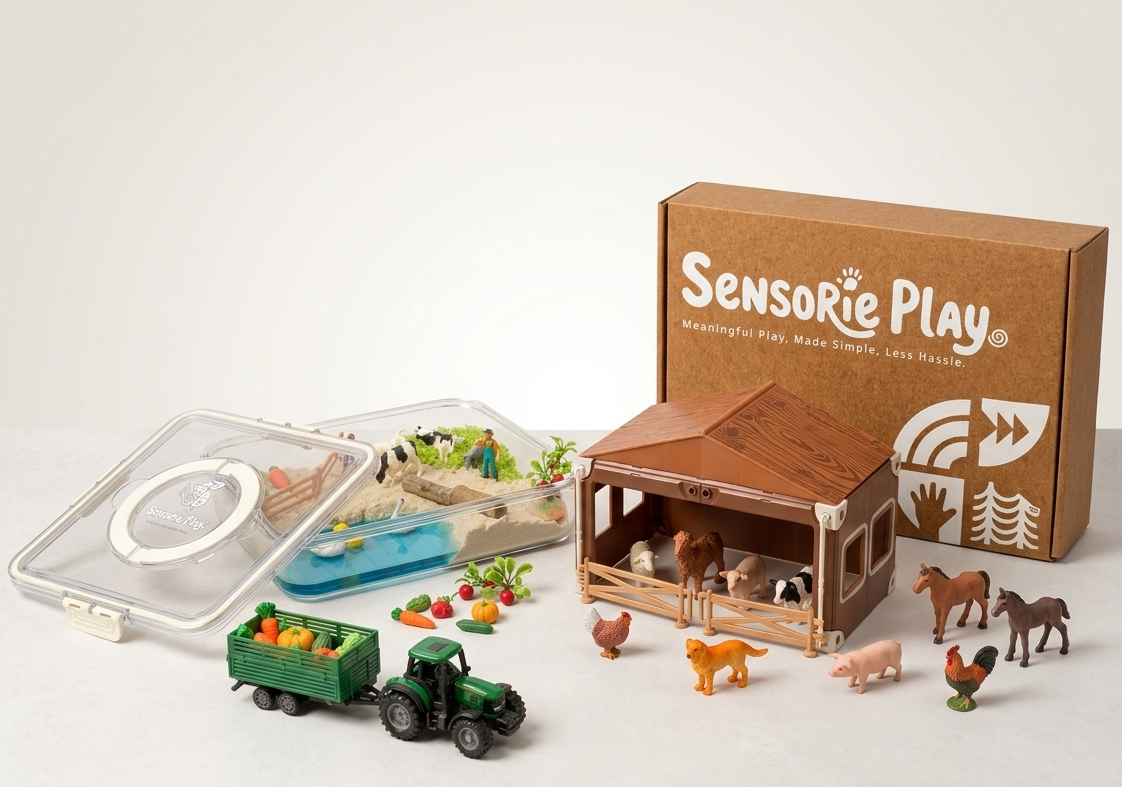 Sensory Play farm toy set with tractor, animals, barn, and play bins on a white background
