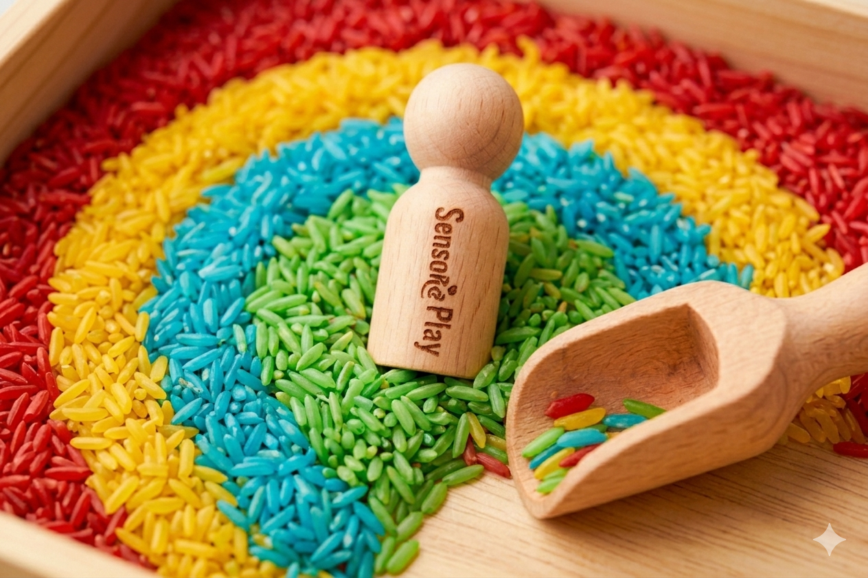 Dye rice set for kids color sorting and fine motor play with wooden tray