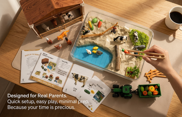 Farm sensory play kit with tray, materials and flashcards for ready to play learning
