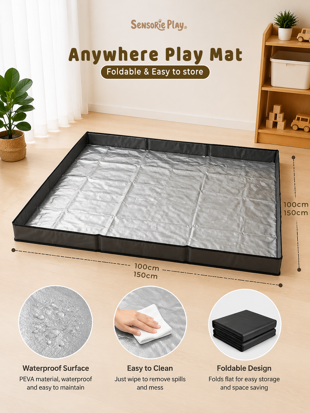 Blue foldable play mat in a living room, shown unfolded and folded with storage and water-resistant features.