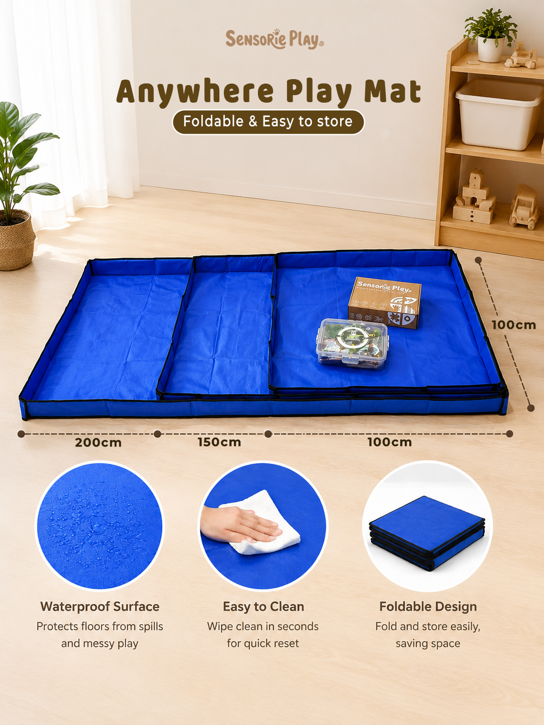 Blue foldable play mat in a living room, shown unfolded and folded with storage and water-resistant features.
