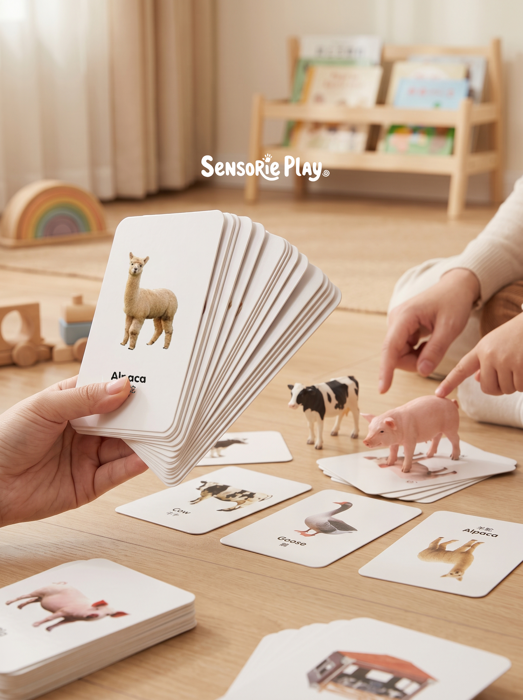 Hands holding farm animal cards over a toy farm playset on a wooden table