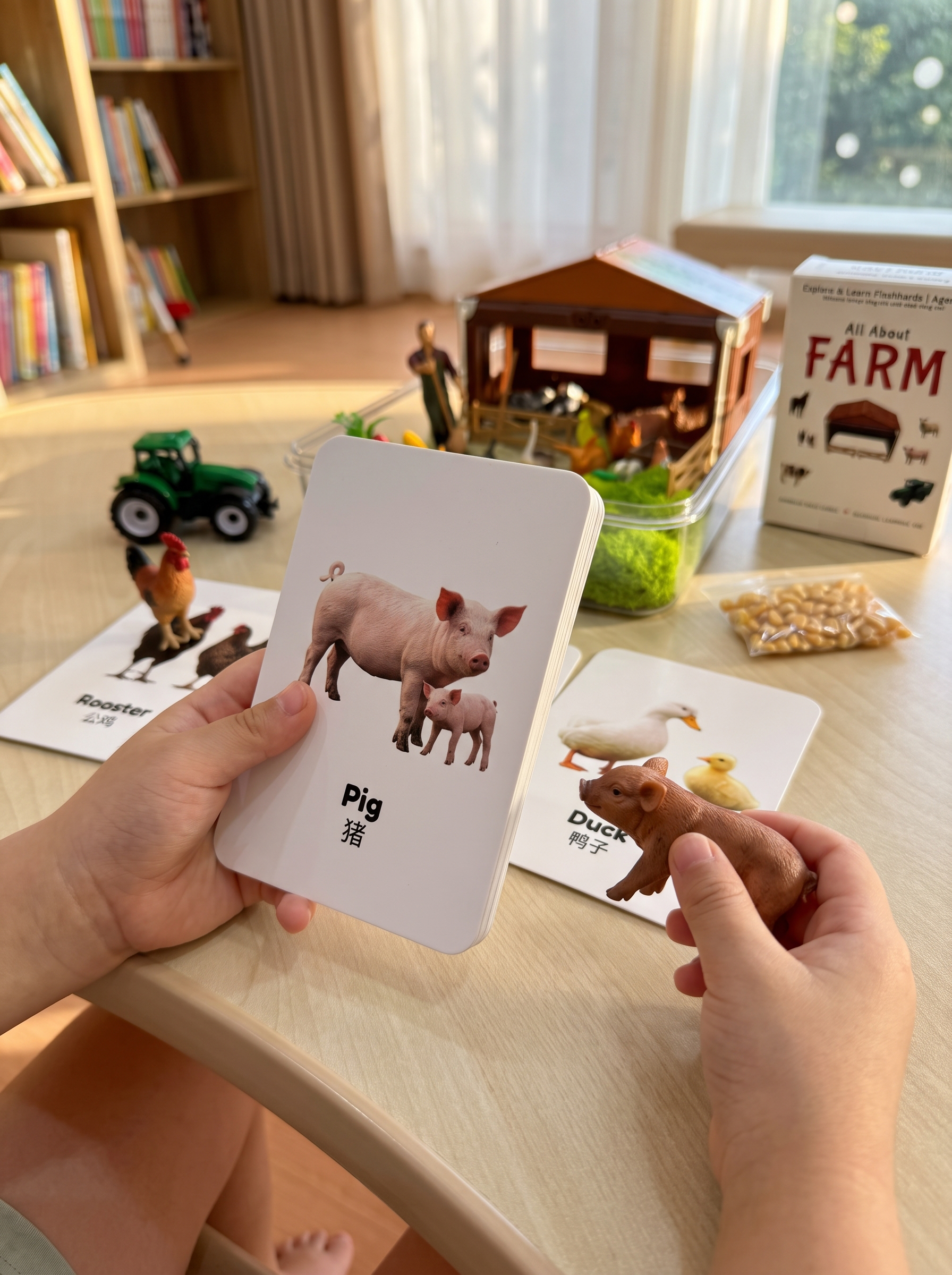Hands holding farm animal cards over a toy farm playset on a wooden table