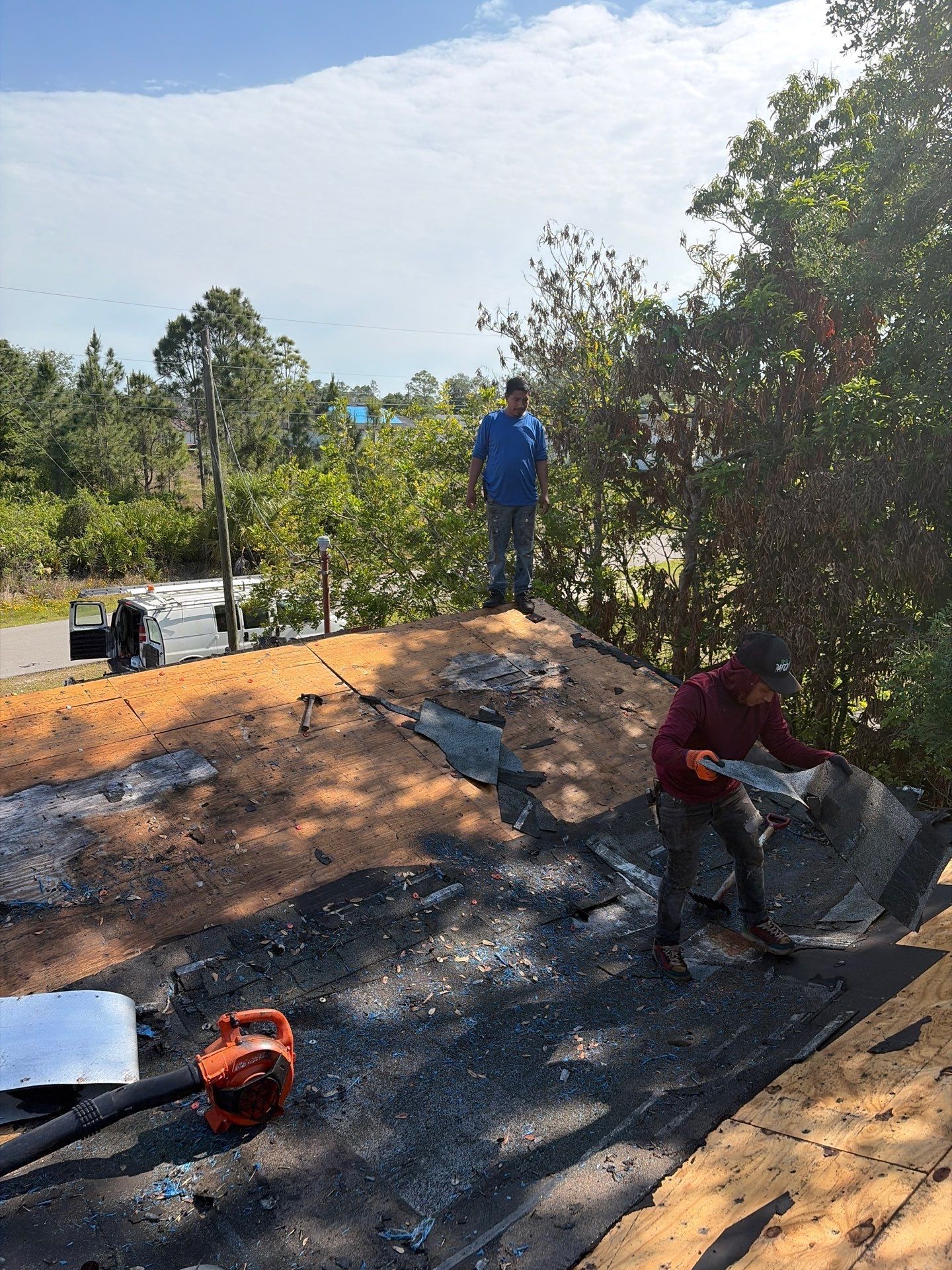 Two workers paving a dark gravel path beside trees under a bright sky