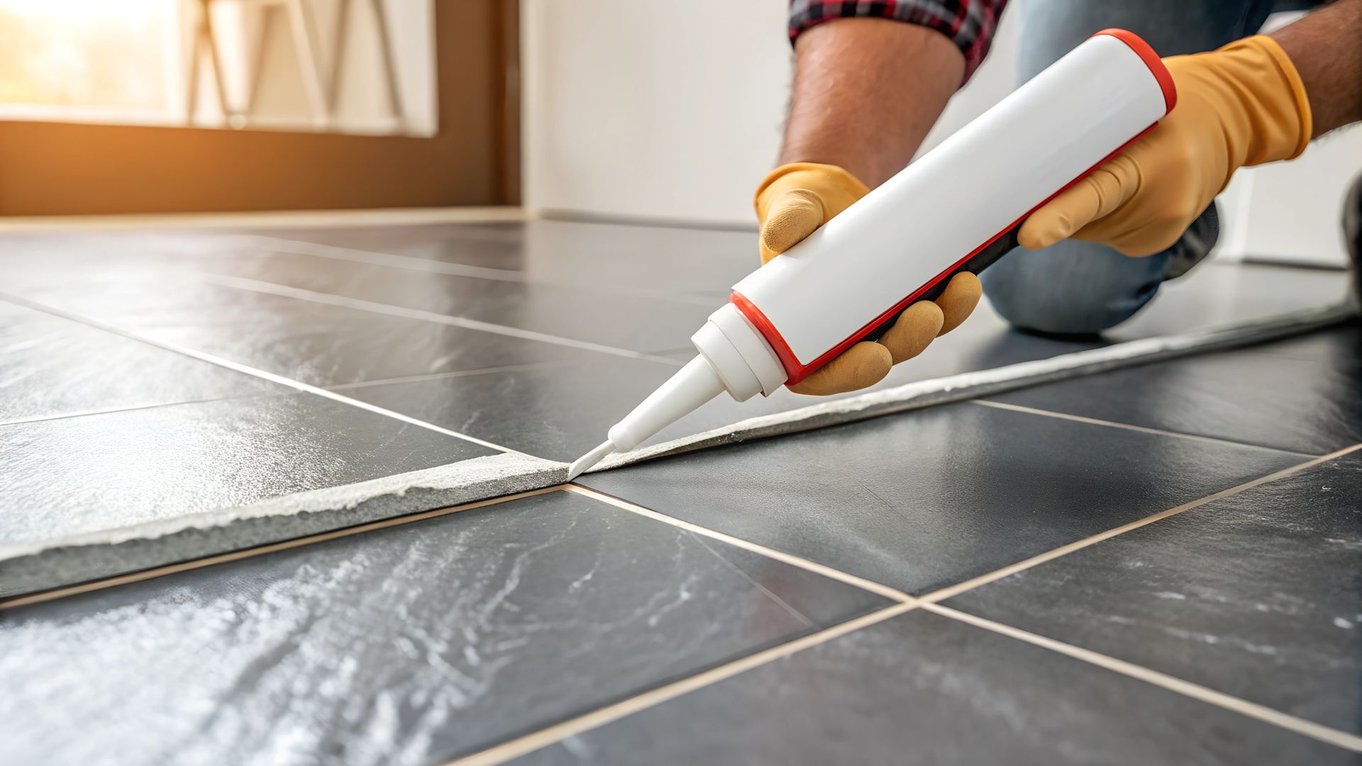Person using a caulk gun to apply sealant to floor tiles, wearing gloves in a room.
