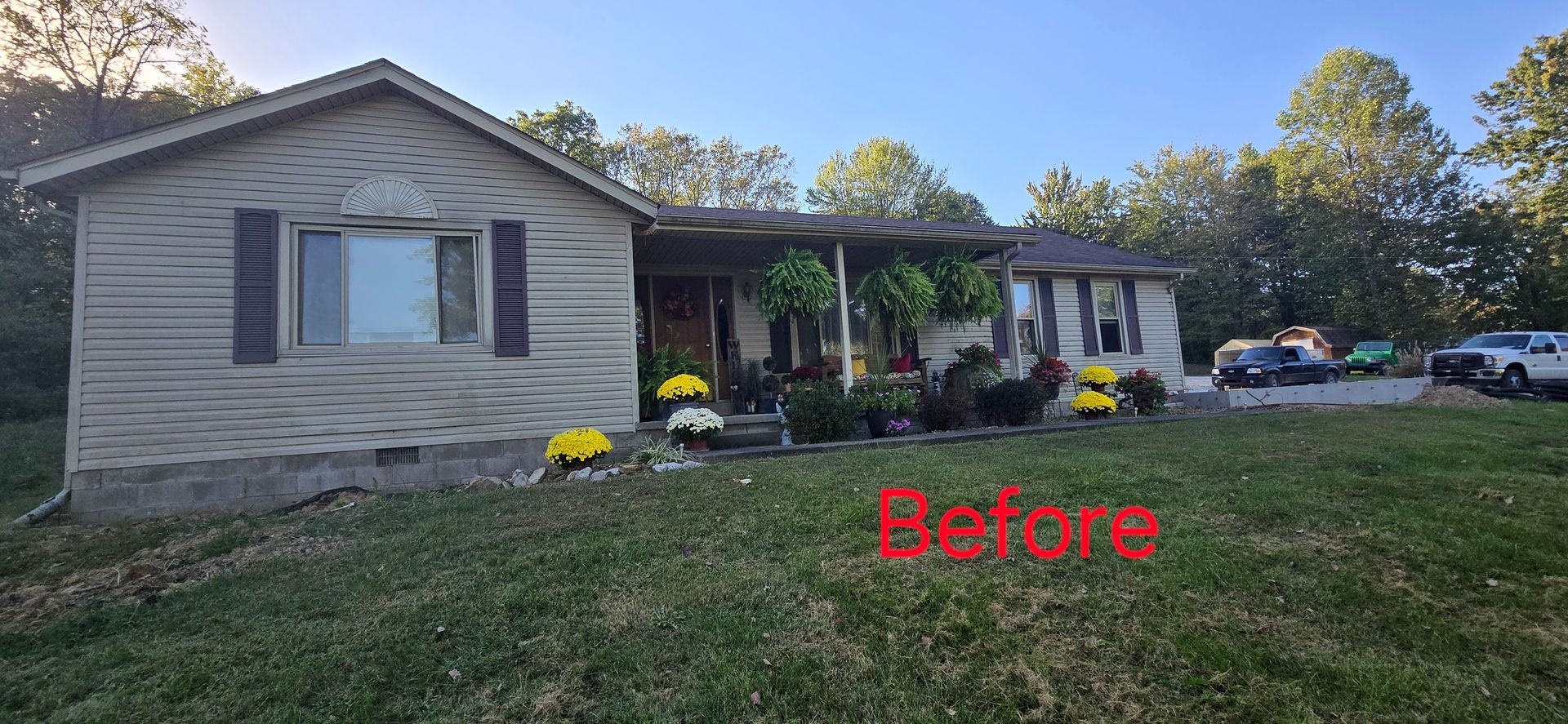 Single-story house with porch and lawn, labeled “Before” in red text.