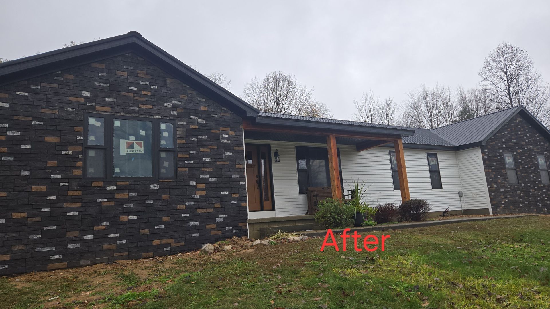 Front view of a single-story house with dark brick and white siding, labeled “After.”
