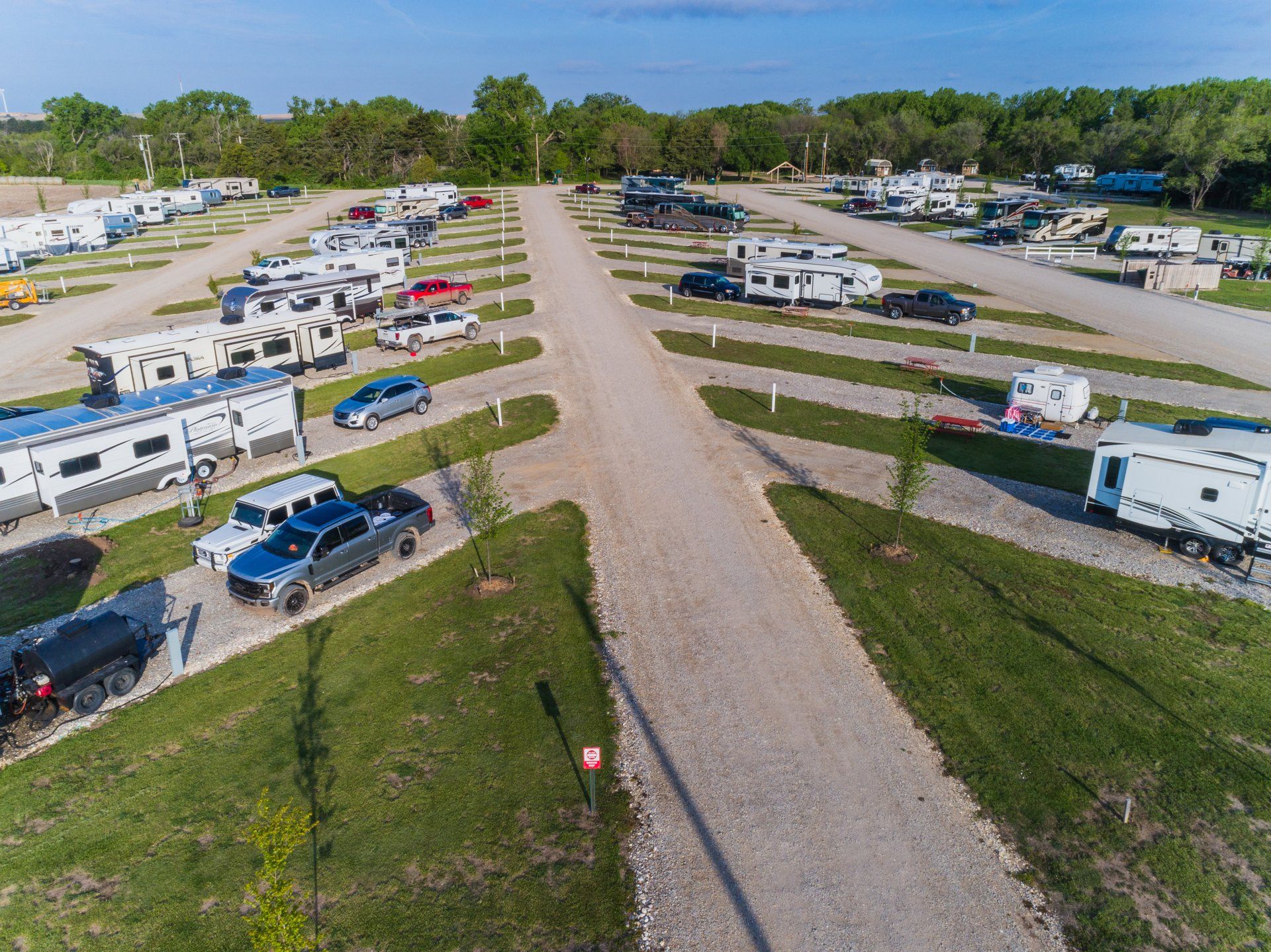 Aerial view of campers and RVs parked at Creek Side Resort in Hays, Kansas