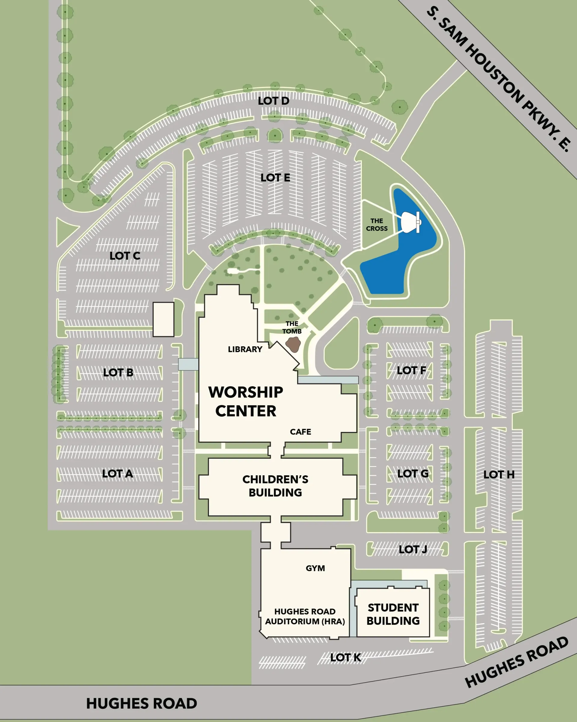 Map of a church campus with parking lots, buildings labeled 