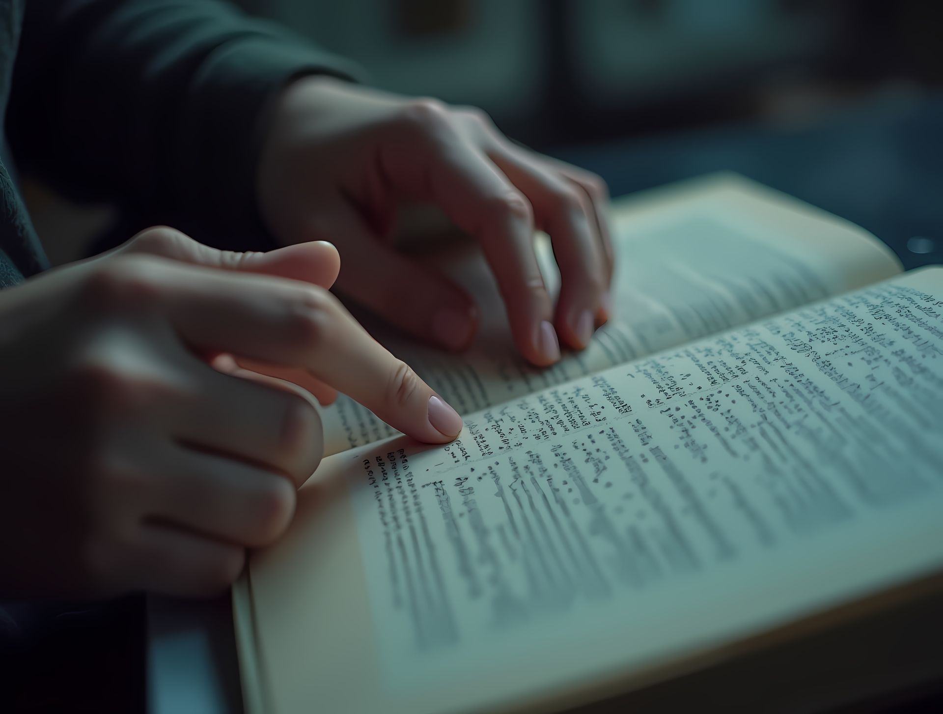 Hands reading braille in an open book.