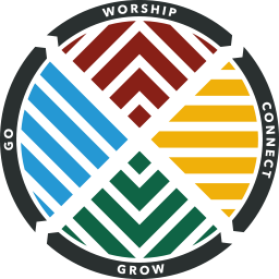 Circular logo with four quadrants: red/worship, yellow/connect, green/grow, blue/go; black ring with words.