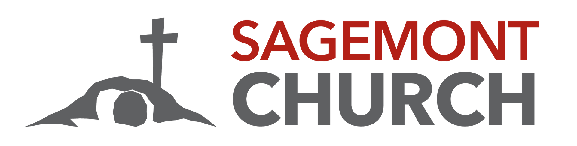 Logo for Sagemont Church: gray emblem of cross rising from a tomb, with red 