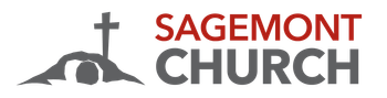 Logo for Sagemont Church: gray emblem of cross rising from a tomb, with red