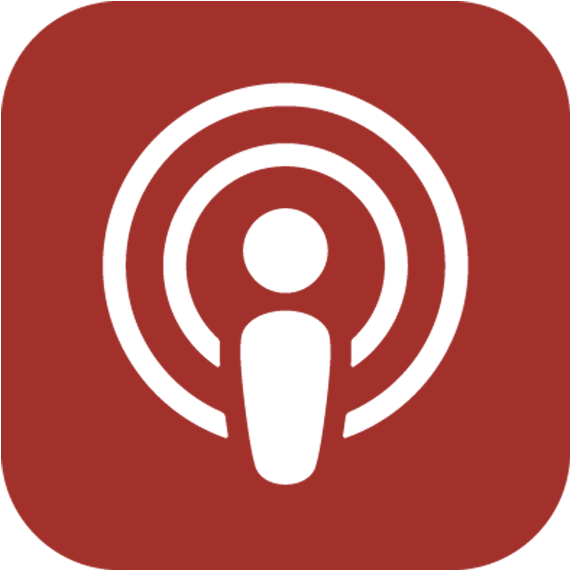 Podcast icon: White microphone inside concentric circles on a red square.