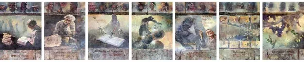 A series of cards with blurred illustrations. Each depicts a figure, potentially a portrait, within a bordered frame.