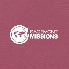 Sagemont Missions logo: globe with arrow, text on maroon background.