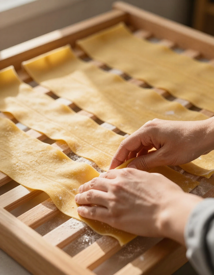 Mani che dispongono le sfoglie di pasta fresca su una griglia di legno, preparandole per l'essiccazione.