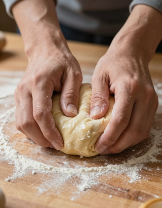 Mani che impastano la pasta su una tavola di legno infarinata.