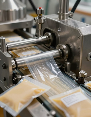 Macchina confezionatrice che sigilla buste di plastica trasparente su una linea di produzione.