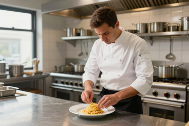 Lo chef impiatta la pasta in una cucina in acciaio inossidabile.
