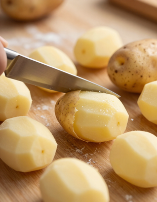 Pelare le patate piccole su un tagliere di legno con un coltello