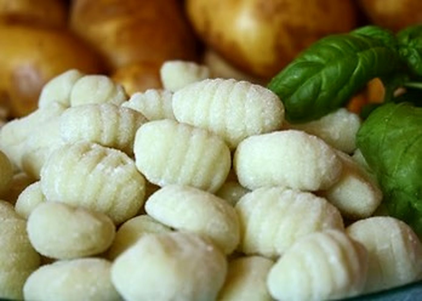 Gnocchi bianchi disposti su un piatto con erbe aromatiche sullo sfondo.