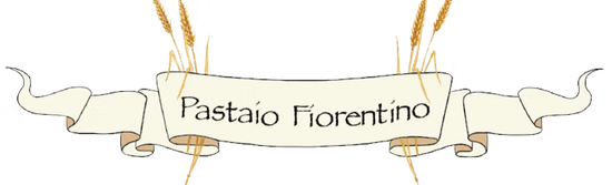 Logo con la scritta “Pastaio Florentino” su un nastro color crema con spighe di grano e decorazioni di pasta.