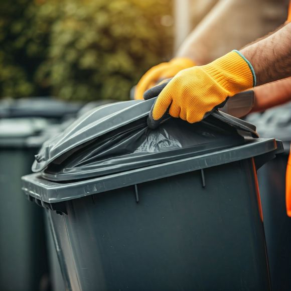 Gloved hand closing a dark gray trash bin lid outdoors