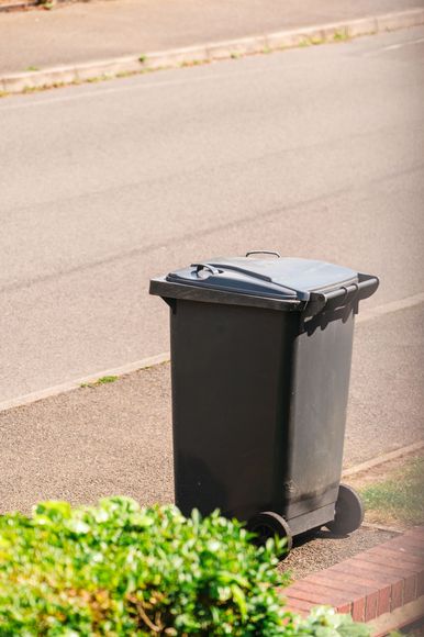 Black trash bin on a sidewalk beside a road, with bushes in the foreground.