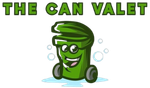 Green cartoon trash can mascot with glasses and the text “THE CAN VALET” above it.