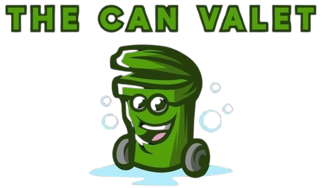 Green cartoon trash can mascot with glasses and the text &ldquo;THE CAN VALET&rdquo; above it.