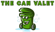 Green cartoon trash can mascot with glasses and the text “THE CAN VALET” above it.