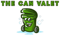 Green cartoon trash can mascot with glasses and the text “THE CAN VALET” above it.