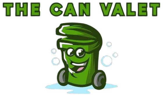 Green cartoon trash can mascot with glasses and the text “THE CAN VALET” above it.