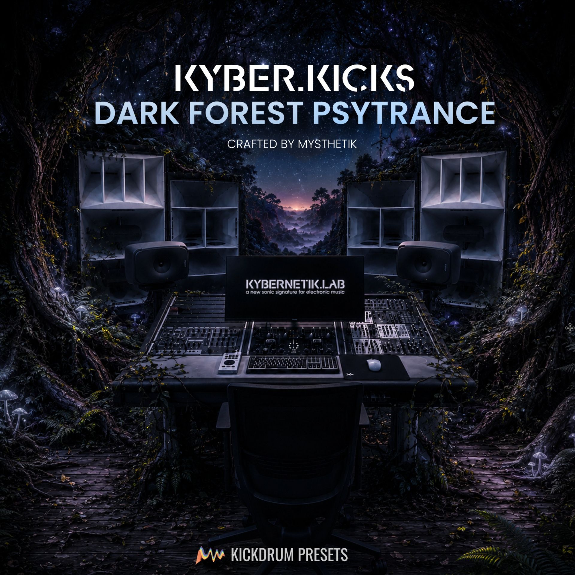 Dark psytrance audio production setup with speakers, mixer, and