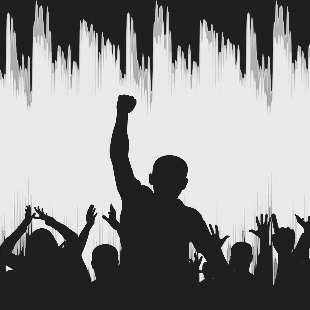 Silhouetted crowd with raised arms; one person raises a fist, with a white soundwave background.