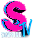 Pink “S” logo with blue “TV” and STAFFING text, on a white background