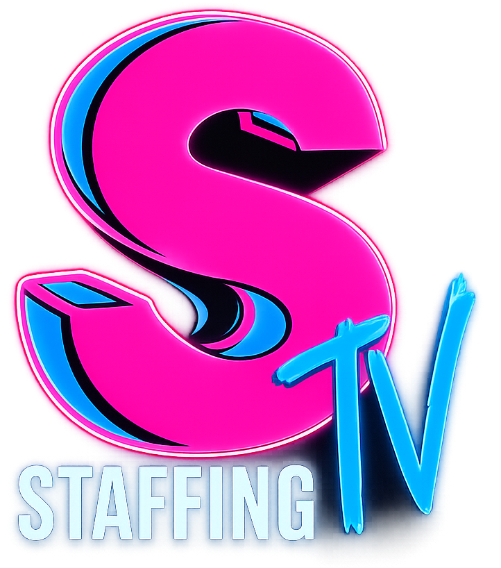 Pink “S” logo with blue “TV” and STAFFING text, on a white background