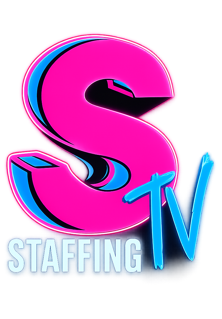 Pink and blue “S” logo with “STAFFING TV” text on a white background