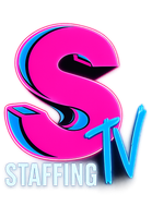 Pink and blue “S” logo with “STAFFING TV” text on a white background