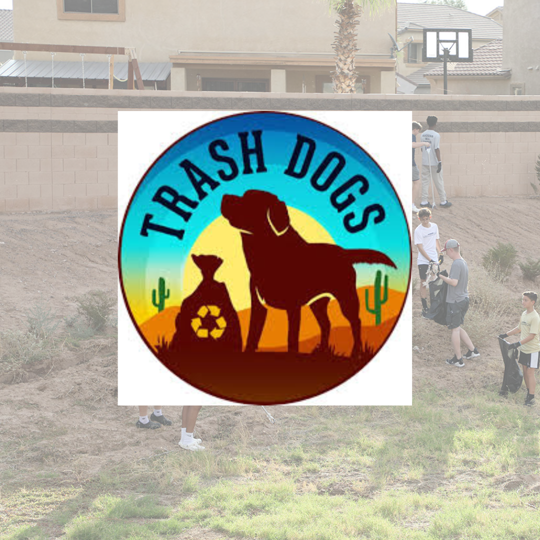 A logo for trash dogs with a dog and a bag of trash