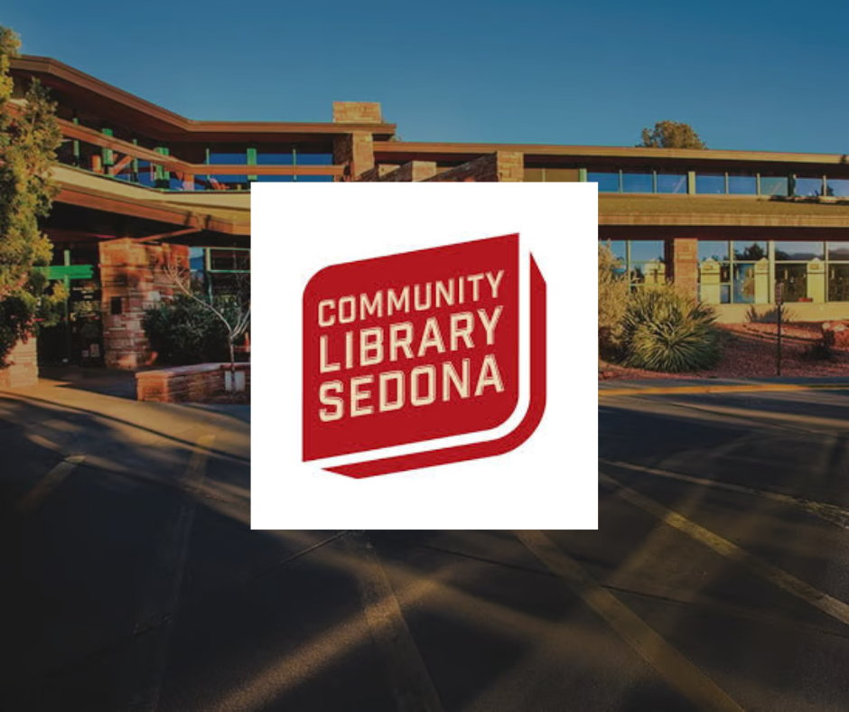 A red and white logo for the community library sedona