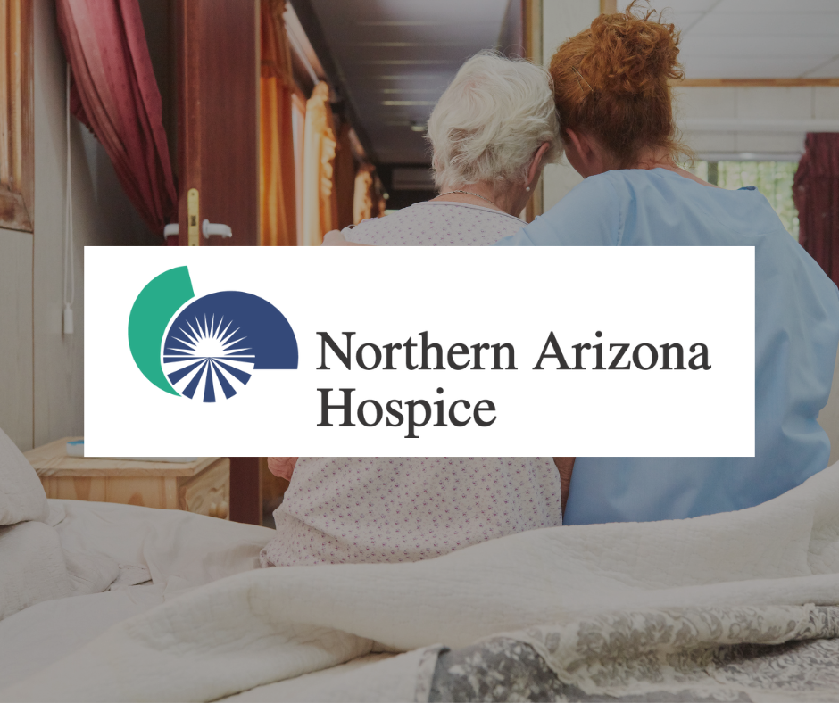 The logo for northern arizona hospice shows a nurse talking to an elderly woman